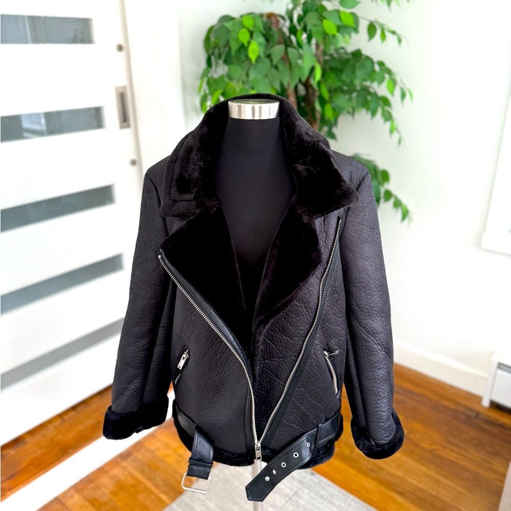 LY VAREY LIN Faux Shearing Moto Jacket Thick Lined Parka Winter Shearling Coat